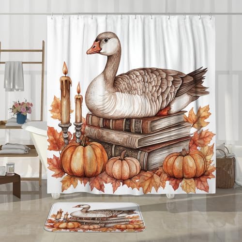DESIHOM 4PCS Fall Goose Shower Curtain Set 72x72 with Hooks and Bathroom Accessory Kit