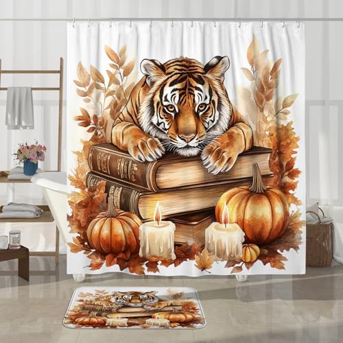 4PCS Fall Tigers Pumpkins Shower Curtain Set with Non-Slip Rug and Toilet Lid Cover Mat