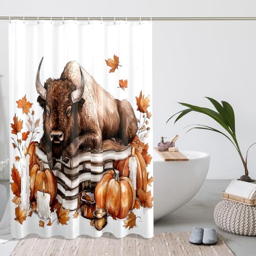 Fall Bisons Pumpkins Decorative Shower Curtain Set