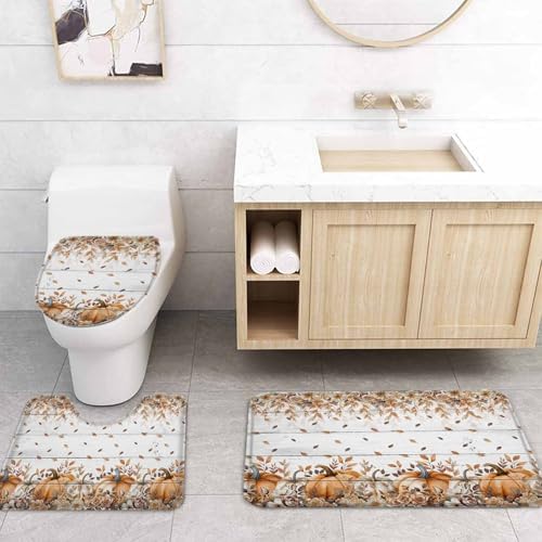 Fall Pumpkin 4 Pcs Waterproof Shower Curtain Set with Non-Slip Rugs and Mats