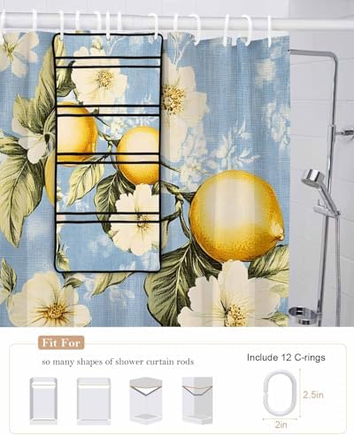 Watercolor Lemon Flower Leaf Shower Curtain Set with 10 Pockets