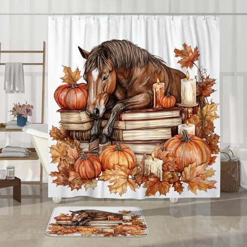DESIHOM 4PCS Fall Horses Shower Curtain Set with Non-Slip Rug and Toilet Lid Cover Mat