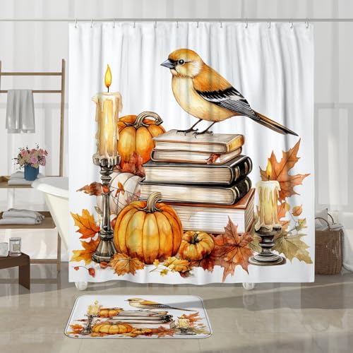 DESIHOM 4PCS Fall Goldfinch Bird Shower Curtain Set with Hooks and Bath Mat