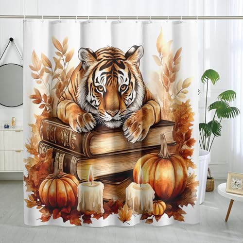 DESIGHOM Fall Tigers Pumpkins Shower Curtain Set 72 Inch
