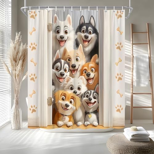Funny Dogs Shower Curtain Cute Cartoon Animal Paws Print Bone Watercolor Farmhouse Decor