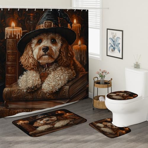 4PCS Halloween Witch Dog Bathroom Set with Non-Slip Rug