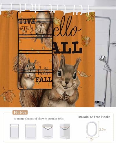 Autumn Squirrel Shower Curtain Set with 10 Pockets and Hooks