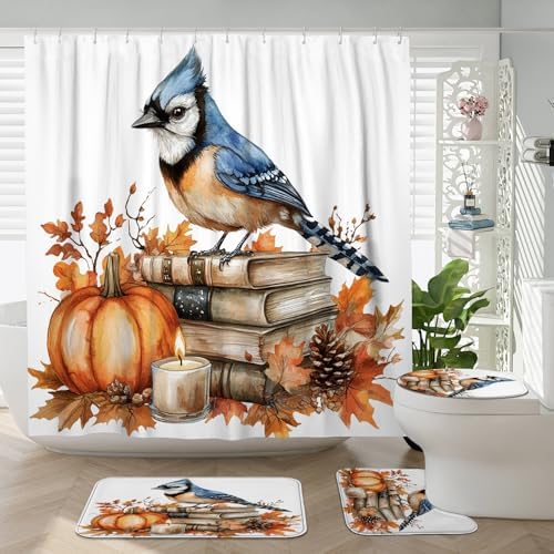 DESIHOM 4PCS Fall Blue Jay Bird Shower Curtain Set with Hooks and Bath Mat