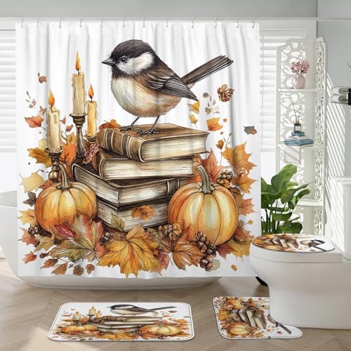 DESIHOM 4PCS Fall Chickadees Bird Shower Curtain Set