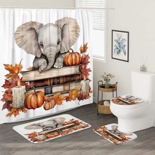 DESIHOM 4PCS Fall Elephants Pumpkins Shower Curtain Set with Non-Slip Rug and Toilet Lid Cover Mat