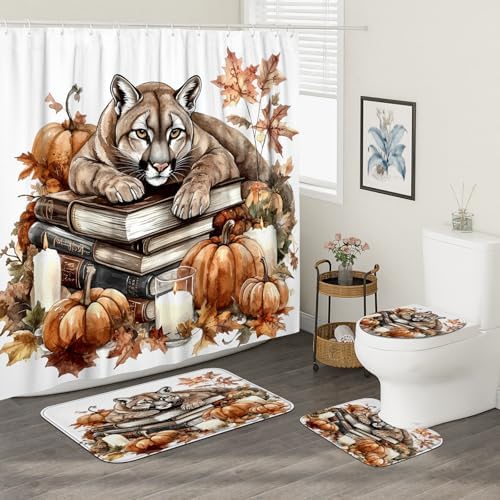 4PCS Fall Cougar Pumpkins Shower Curtain Set with Non-Slip Rug and Toilet Lid Cover Mat