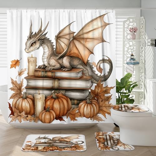 4PCS Fall Dragon Pumpkin Shower Curtain Set with Hooks Non-Slip Rug U Shape Cover and Toilet Lid Mat