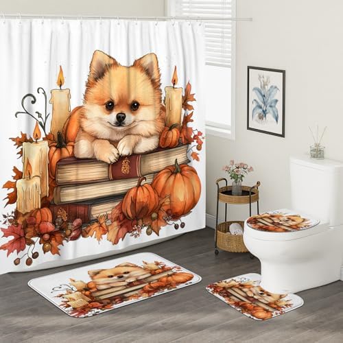 DESIHOM 4PCS Fall Shower Curtain Set with Hooks Non-Slip Rug and Toilet Lid Cover Mat
