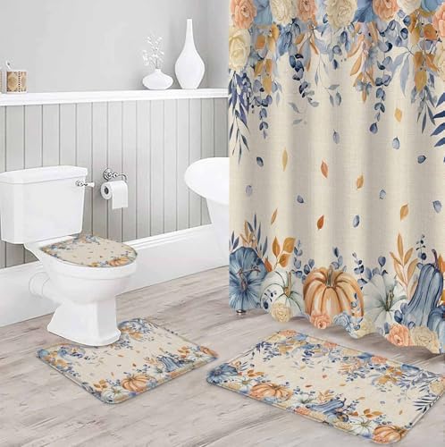 Orange Blue Fall 4 Pcs Shower Curtain Set with Non-Slip Rugs and Mats