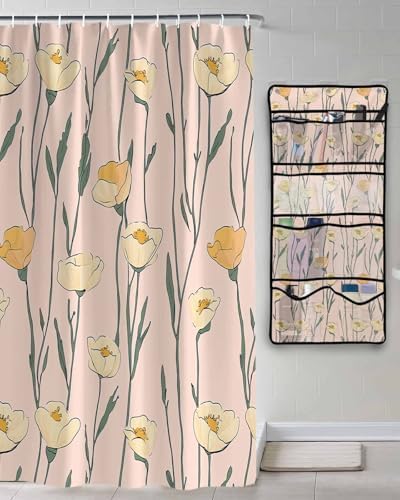 ZFUNCING Shower Curtain with Mesh Organizer and 10 Pockets 1