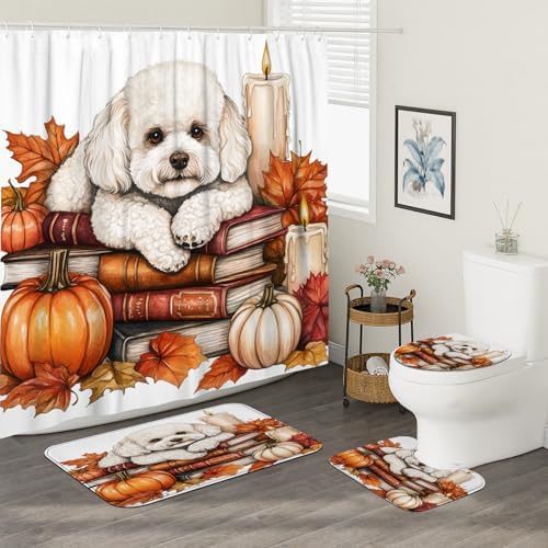DESIHOM 4PCS Fall Bichon Frise Dog Shower Curtain Set with Non-Slip Rug and Toilet Lid Cover Mat