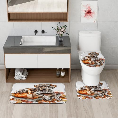 DESIHOM 4PCS Fall Catamounts Leopard Shower Curtain Set with Non-Slip Rug and Toilet Lid Cover Mat