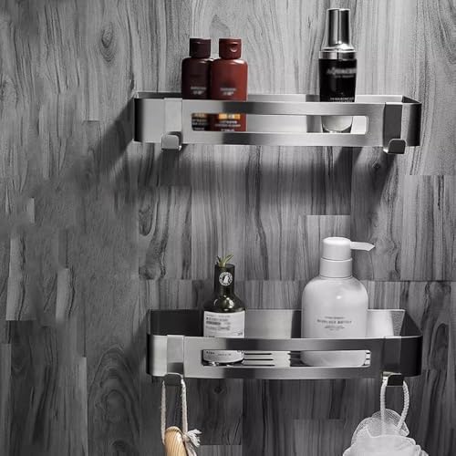 Stainless Steel Shower Caddy with 2 Movable Hooks and Adhesive Mounting