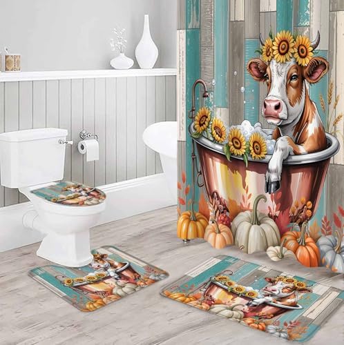 Thanksgiving Bath Cow 4 Pc Shower Curtain Set