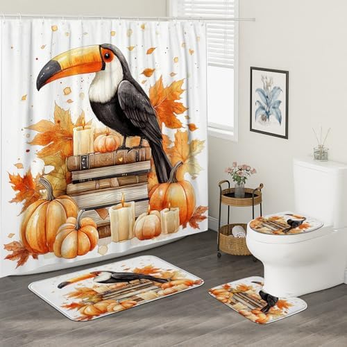 DESIHOM 4PCS Fall Toucan Bird Shower Curtain Set with Hooks and Bath Mat