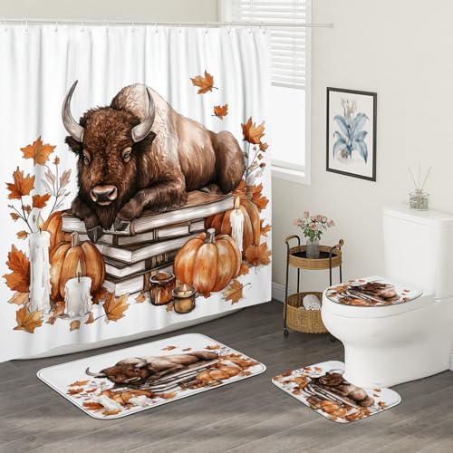 4PCS Fall Bisons Pumpkins Shower Curtain Set with Non-Slip Rug and Toilet Lid Cover Mat