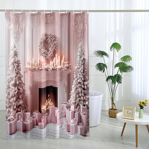 DESIHOM Christmas Tree Fireplace Pink Shower Curtain Set - 72 Inch