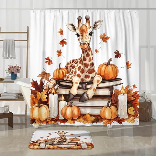 DESIHOM 4PCS Fall Giraffe Pumpkins Shower Curtain Set with Hooks and Non-Slip Rug