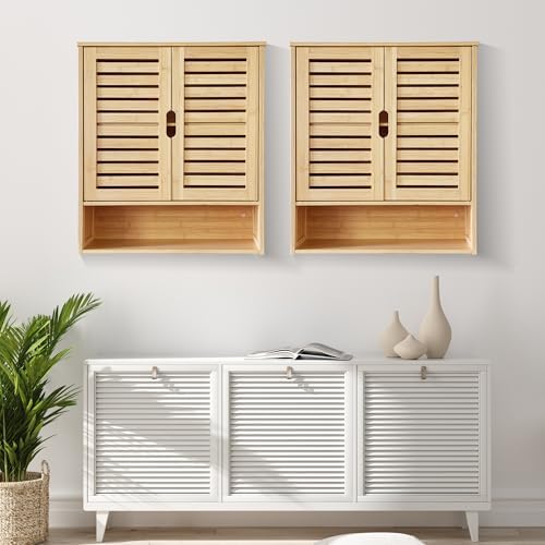 HYNAWIN 2-Tier Bamboo Medicine Cabinet with Adjustable Shelves for Bathroom Kitchen and Living Room