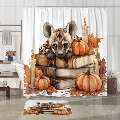4PCS Fall Striped Hyena Pumpkins Shower Curtain Set with Non-Slip Rug and Toilet Lid Cover Mat