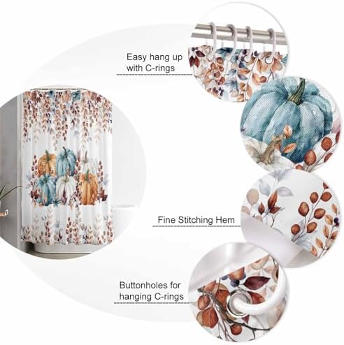 Thanksgiving Orange Blue Pumpkin Shower Curtain Set with Non-Slip Rugs