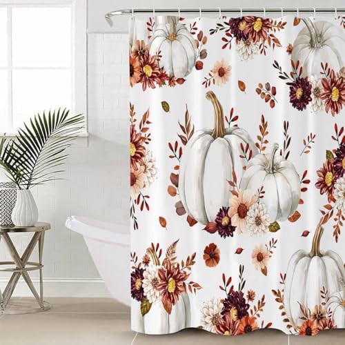 White Pumpkin 4 Pc Shower Curtain Set with Non-Slip Mats and Rugs