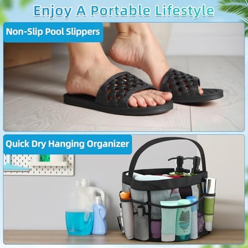 2 Pcs Mesh Shower Caddy and Non-Slip Slippers for Dorm Beach Pool Gym