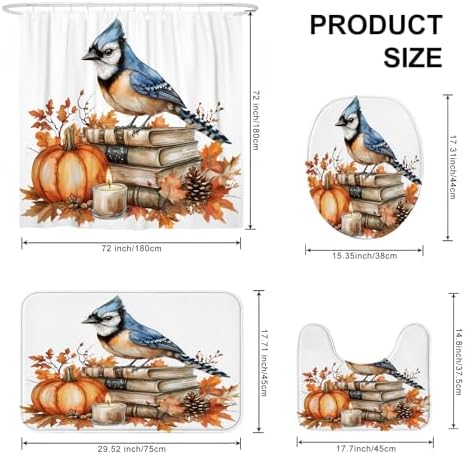DESIHOM 4PCS Fall Blue Jay Bird Shower Curtain Set with Hooks and Bath Mat