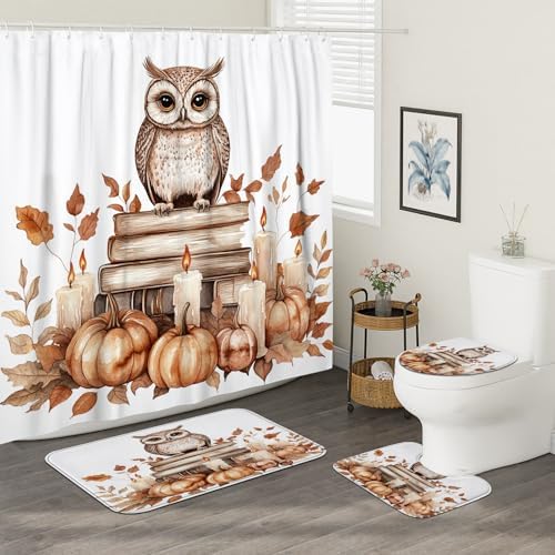 DESIHOM 4PCS Fall Owl Bird Shower Curtain Set with Hooks and Bath Mat