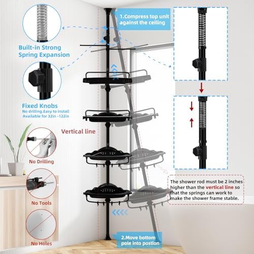 XLHOMO 32-122 Inch Corner Shower Caddy with 4 Tier Shelves 1
