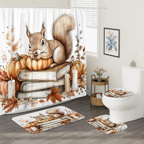 DESIHOM 4PCS Fall Squirrel Shower Curtain Set with Hooks and Bath Mat