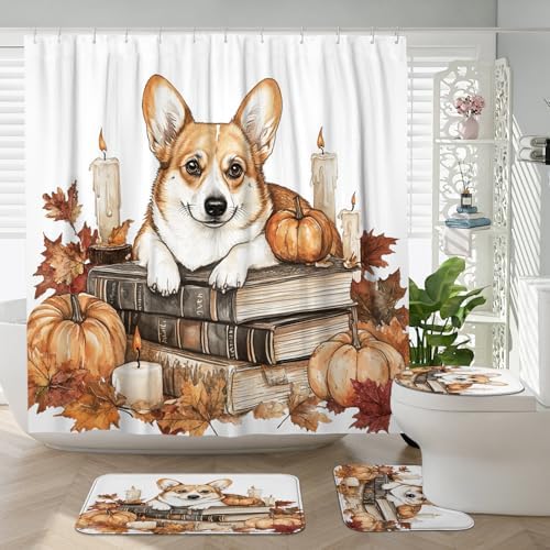 DESIHOM 4PCS Fall Corgi Dog Shower Curtain Set with Non-Slip Rug and Hooks