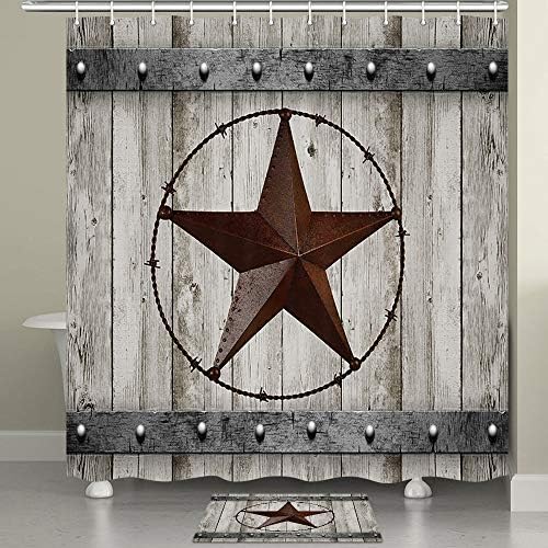 JAWO Rustic Barn Door Shower Curtain Set Southwestern Gray Wood Western Star Bathroom Decor