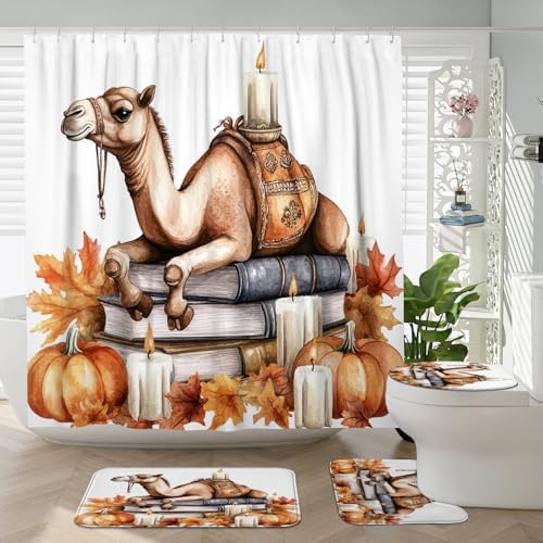 DESIHOM 4PCS Fall Camels Pumpkins Shower Curtain Set with Hooks and Bath Mat