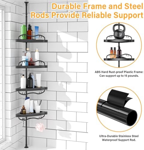 Black Corner Shower Caddy Tension Pole - Heavy Duty Rustproof Stainless Steel Organizer with 4 Adjustable Shelves