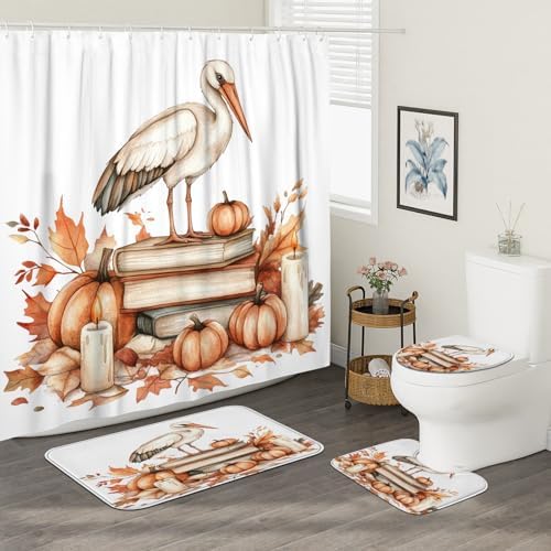 DESIHOM 4PCS Fall Stork Bird Shower Curtain Set with Non-Slip Rug and Toilet Lid Cover Mat