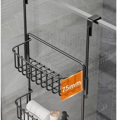 2-Tier Over Door Shower Caddy with 6 Hooks Rustproof Metal Storage for Toiletries No Drill Mount Black