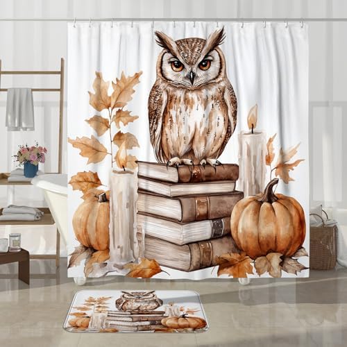 DESIHOM 4PCS Fall Owl Bird Shower Curtain Set with Non-Slip Rug and 12 Hooks