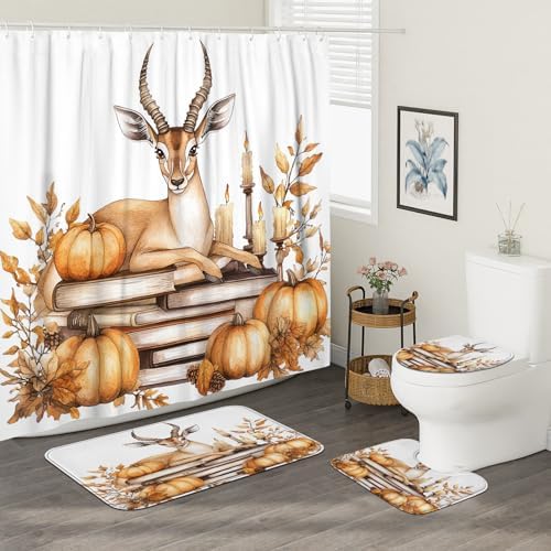 4PCS Fall Antelopes Pumpkins Shower Curtain Set with Hooks and Non-Slip Rug