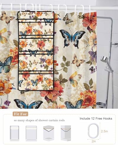 Colorful Floral Leaf Shower Curtain Set with 10 Pockets