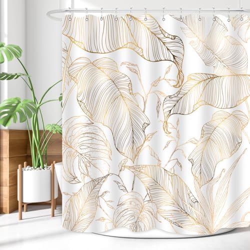 White Gold Tropical Palm Shower Curtain Set with Hooks
