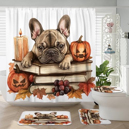 DESIHOM 4PCS Fall French Bulldog Shower Curtain Set with Non-Slip Rug and Hooks