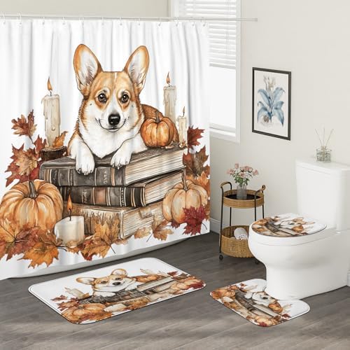 DESIHOM 4PCS Fall Corgi Dog Shower Curtain Set with Non-Slip Rug and Hooks