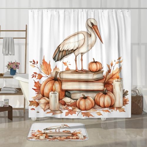 DESIHOM 4PCS Fall Stork Bird Shower Curtain Set with Non-Slip Rug and Toilet Lid Cover Mat