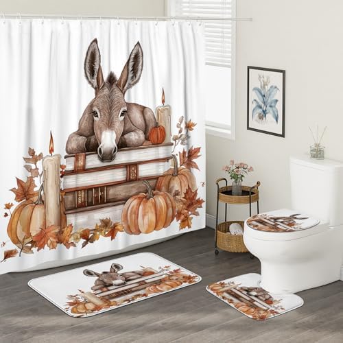 DESIHOM 4PCS Fall Donkey Shower Curtain Set 72x72 with Hooks